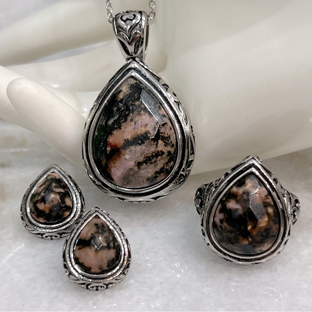 Zaire Rhodonite Black Oxidized Silver Earrings, Ring, and Pendant Neckla…